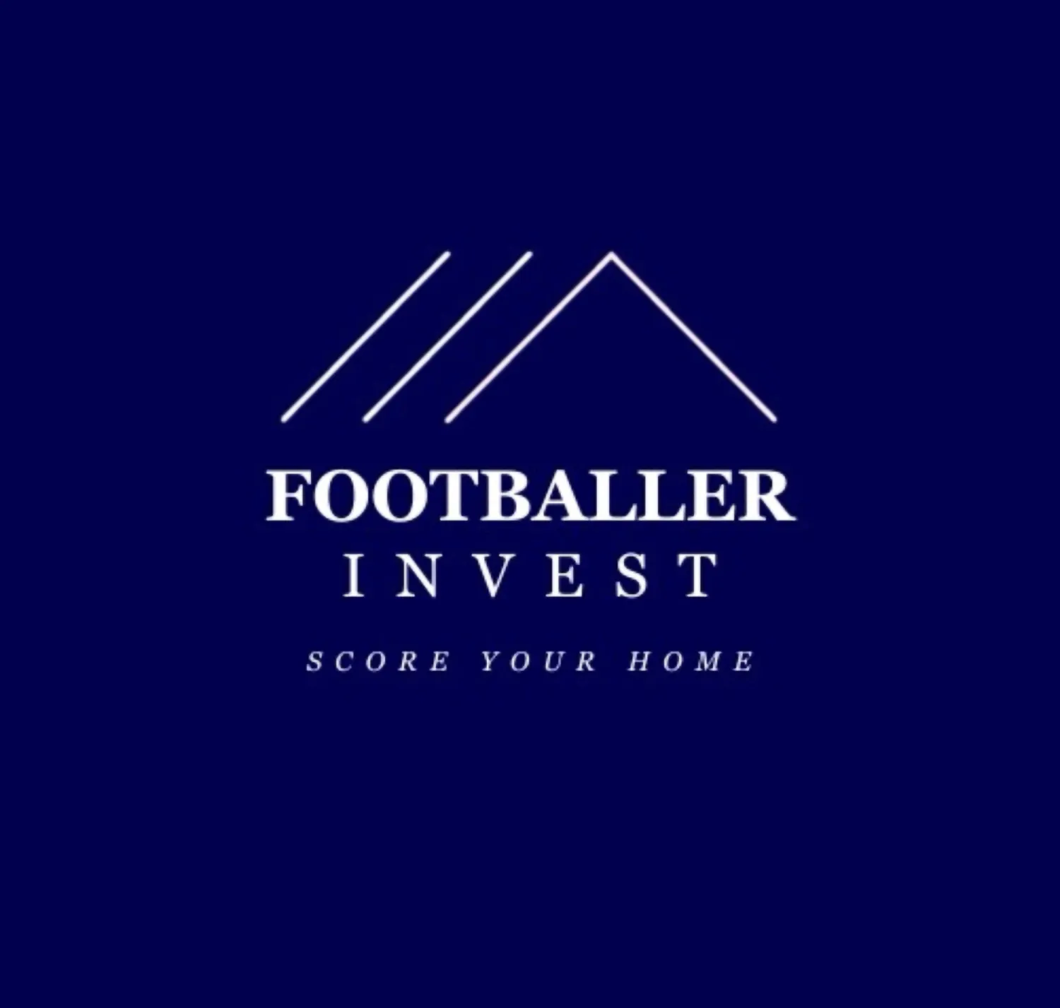 Logo with a roof-like outline above the text 'FOOTBALLER INVEST' and slogan 'SCORE YOUR HOME' on a dark blue background.