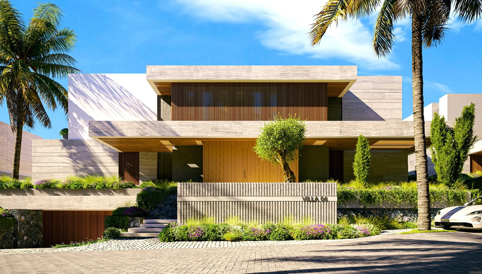 Modern two-story villa with wooden accents, surrounded by palm trees and landscaped greenery under a clear blue sky.